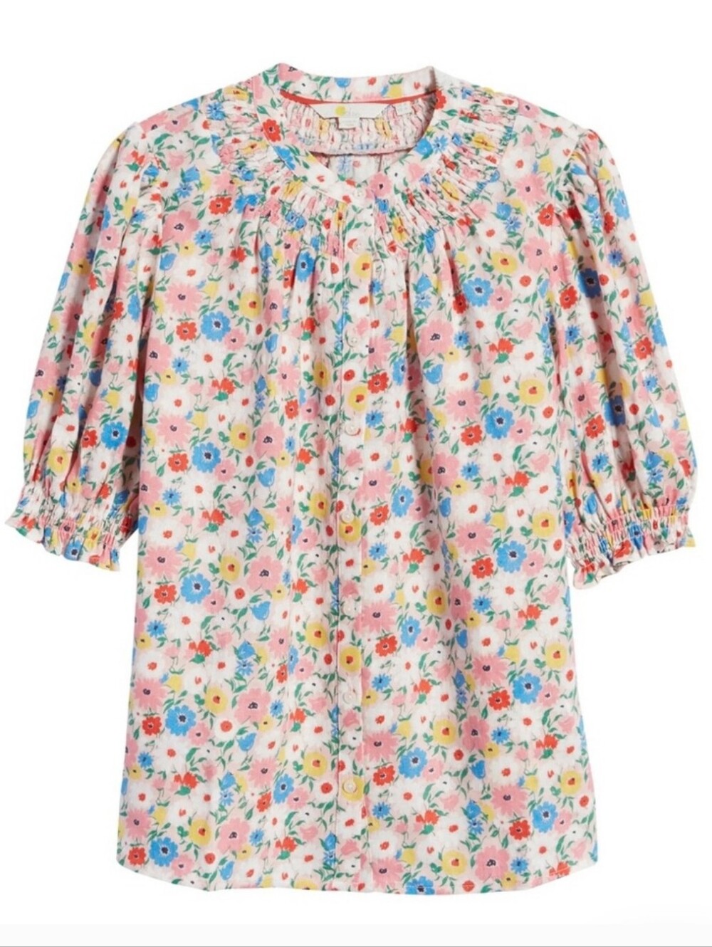 Boden Linen Floral Smocked Blouse Puff Short Sleeve Top Multicolor Size 10 - Picture 2 of 8